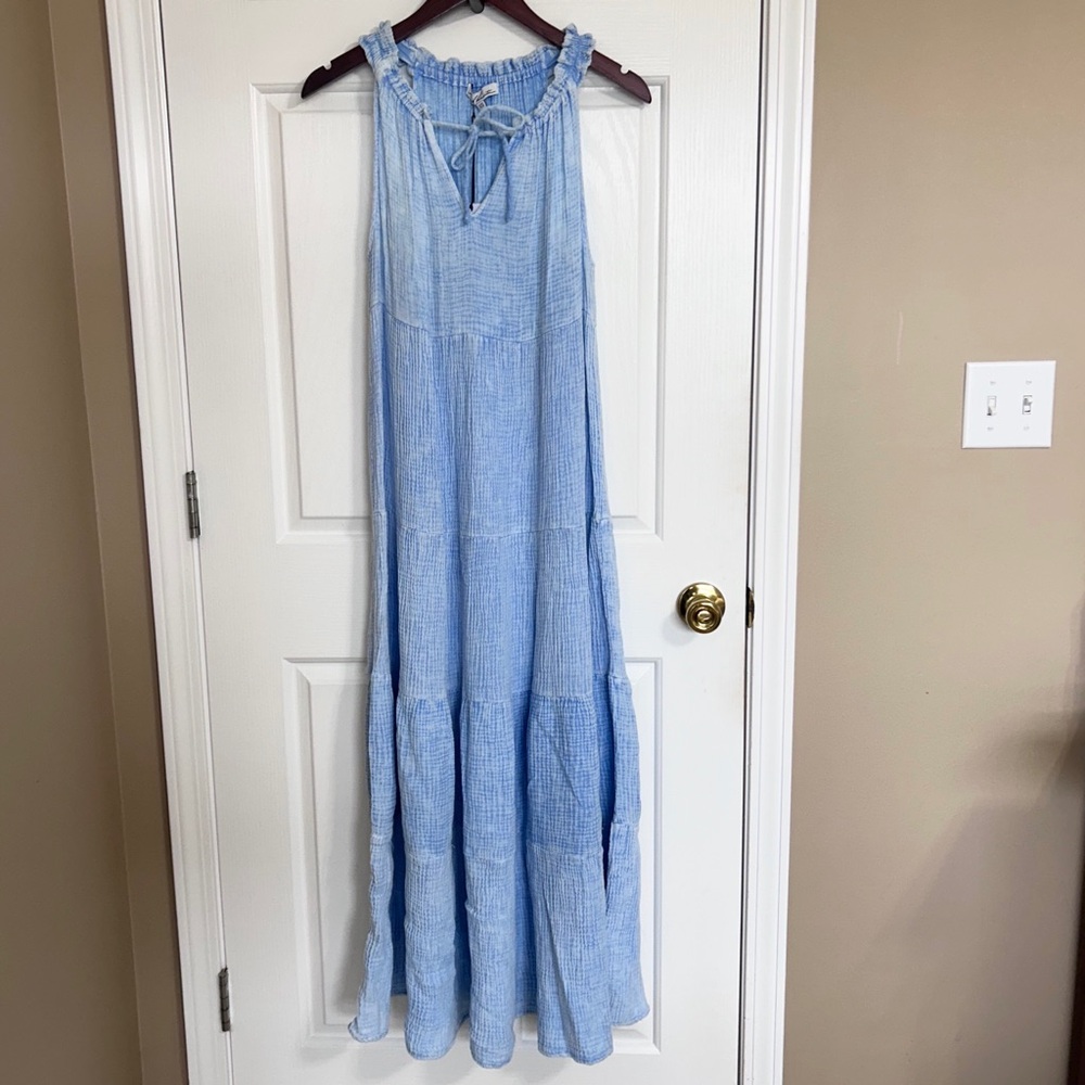 Red Haute Glass Maxi Dress Light Blue Cotton Gauze Tiered Boho XS NWT